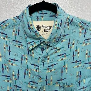 Vintage Silk Teal Men Rayon Blend Shirt‎ Watch Print Short Sleeve
